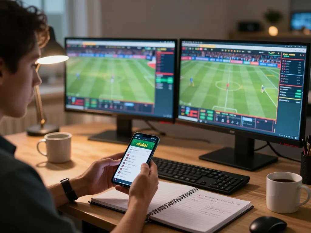 Engaged sports bettor analyzing sbobet odds on smartphone with strategic notes nearby.