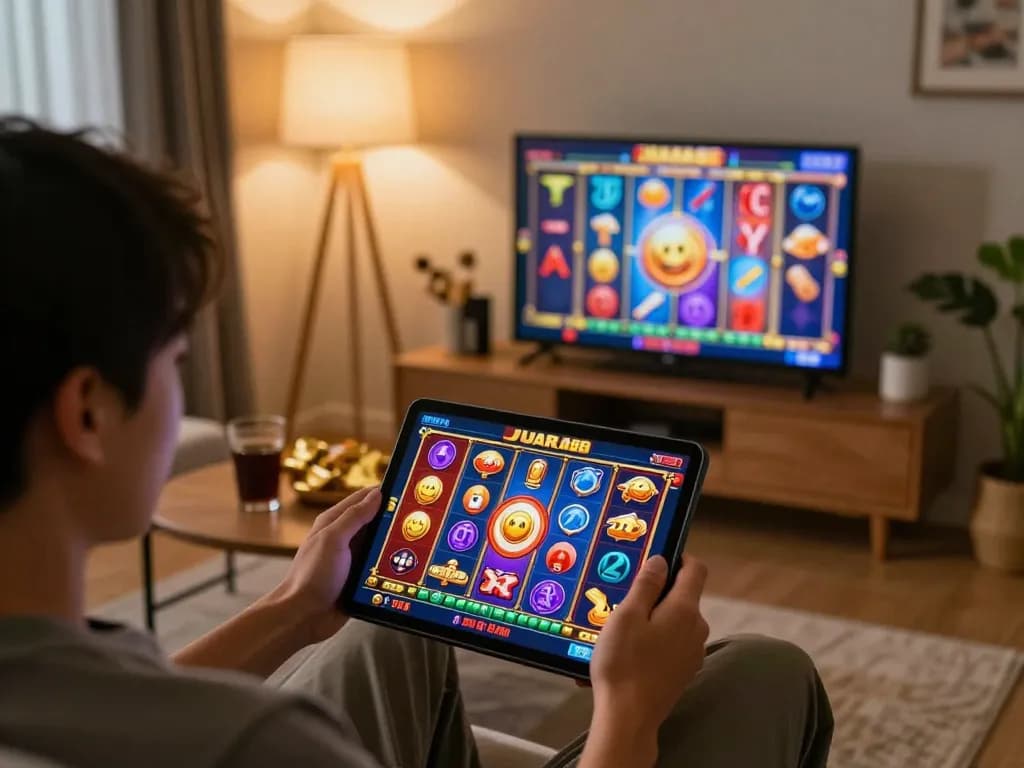 Engaging gameplay session on JUARA88 showcasing vibrant slot interface on a tablet in a cozy living room