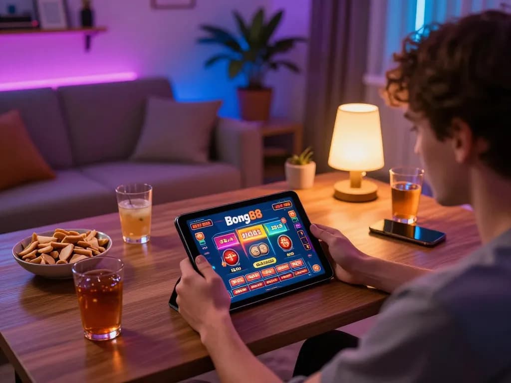 Bong88 player enjoying a dynamic gaming experience on a tablet in cozy home setup.