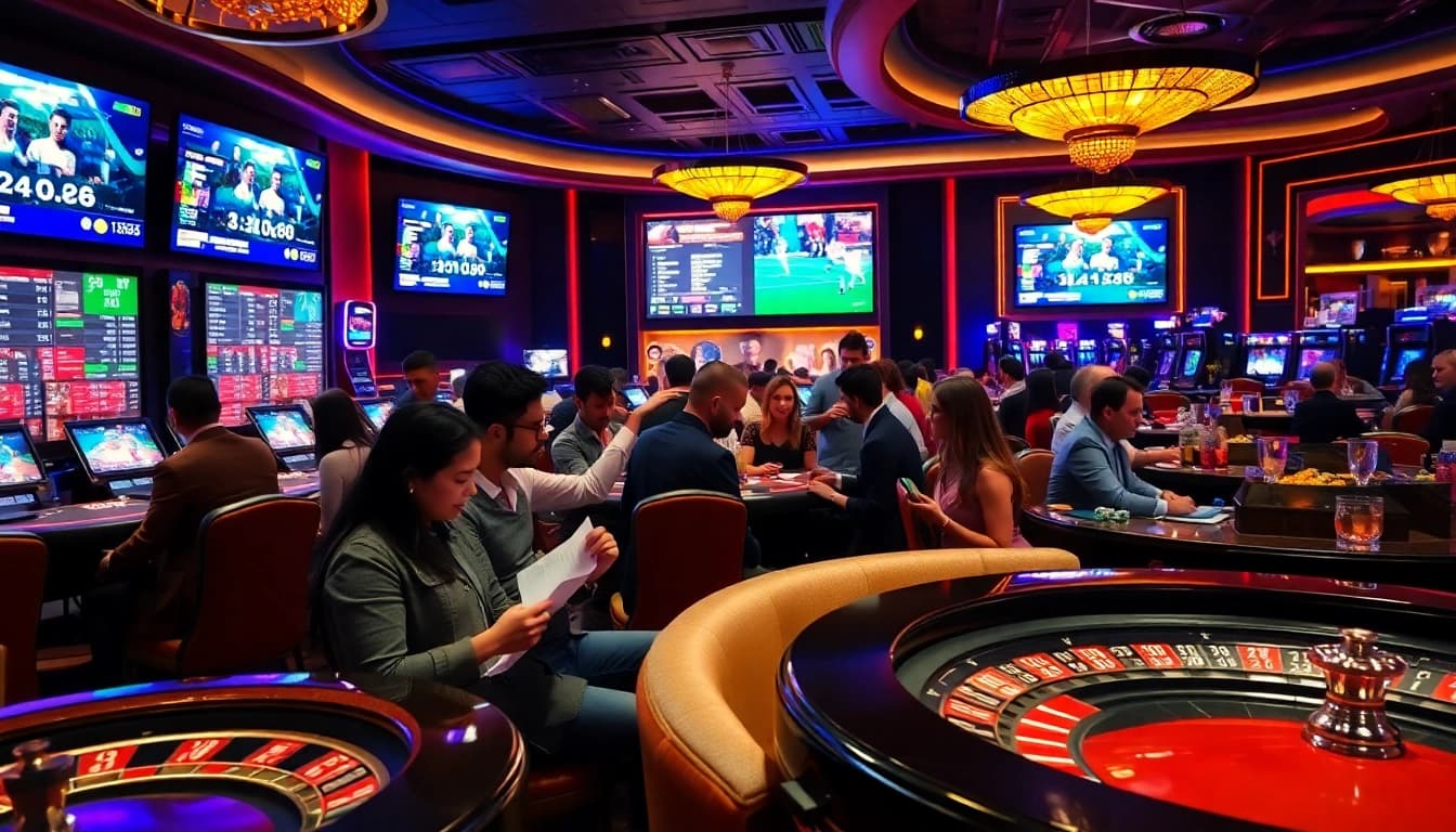 Gamblers analyzing odds and betting slips in a vibrant casino area showcasing keonhacai.
