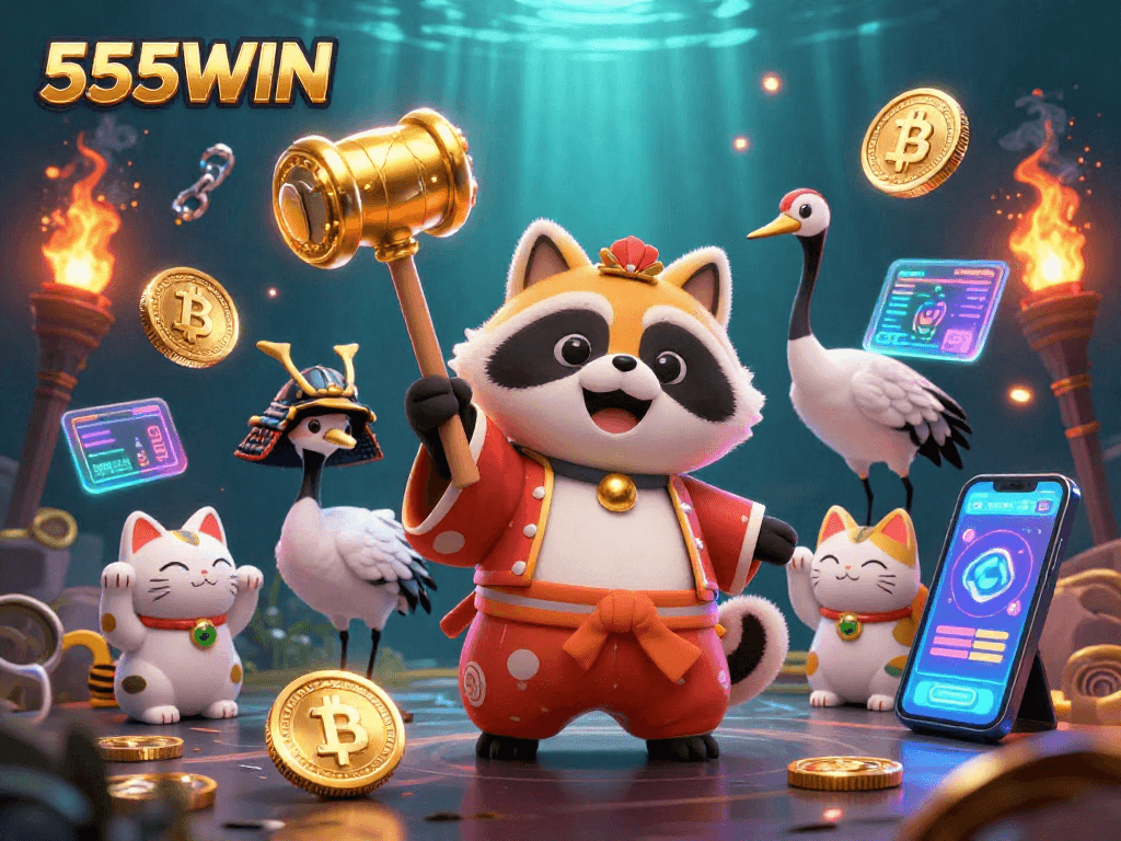 Experience vibrant fun at 555WIN with a cheerful tanuki and fortune cats in a festive casino-themed scene.
