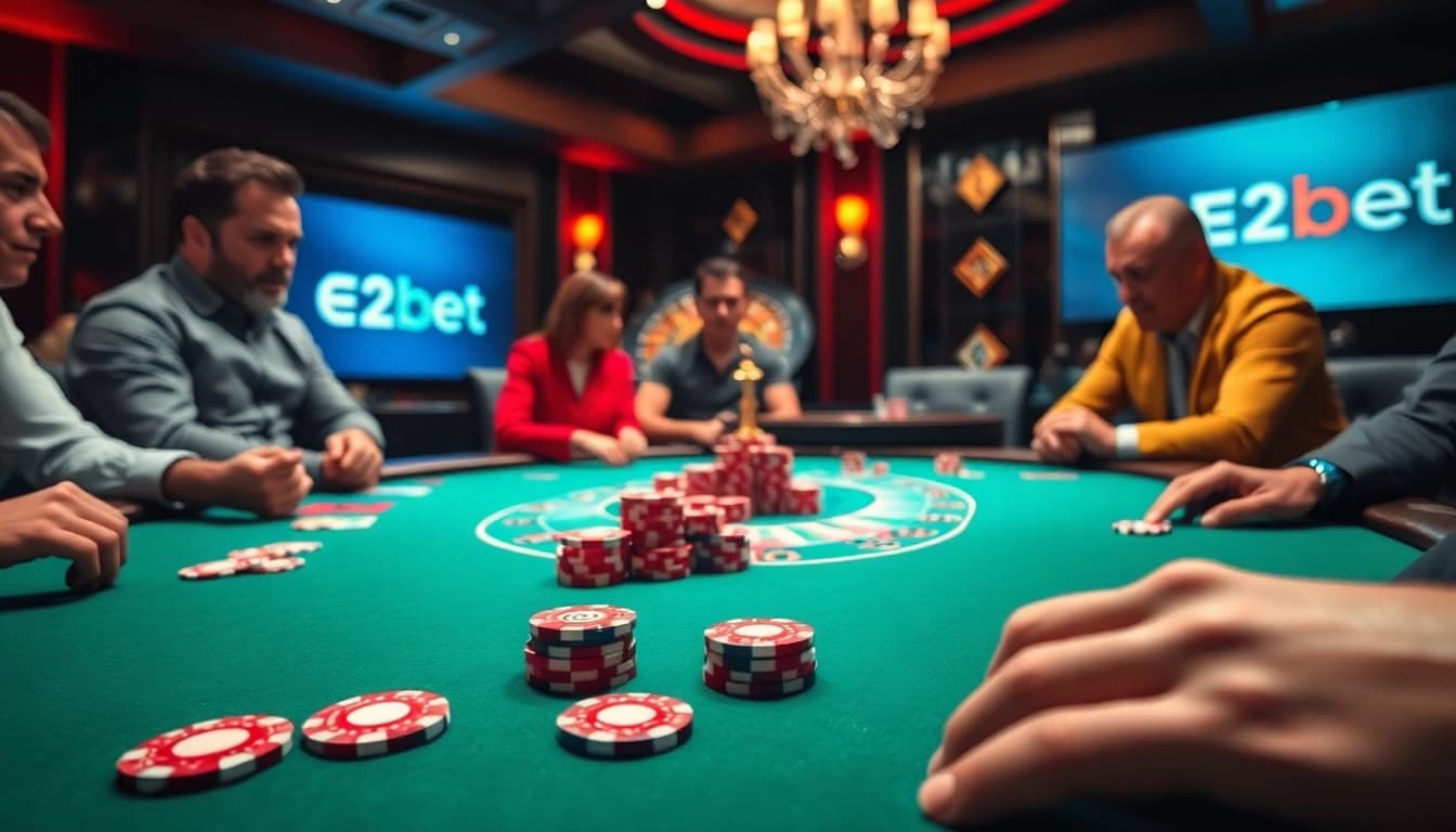 E2bet players enjoying a thrilling poker game at a luxurious casino table.
