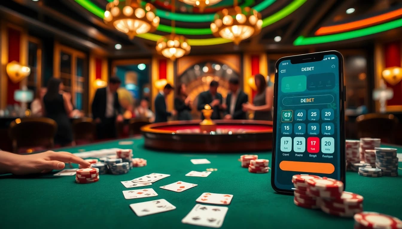 Experience the excitement of gambling with DEBET on a luxurious casino table featuring poker chips and cards.