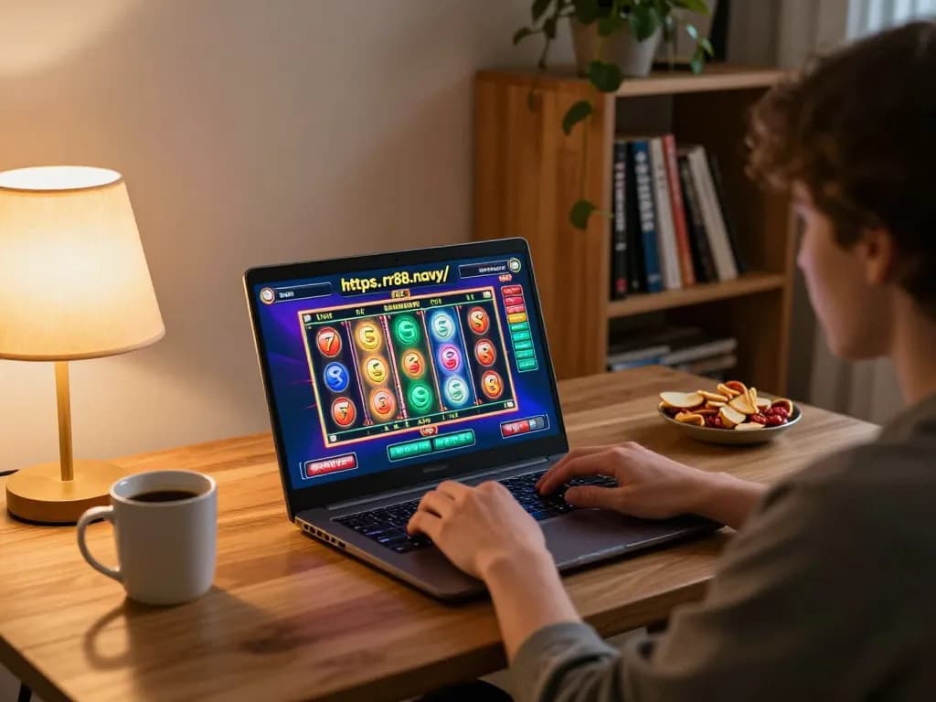 Engaging online gaming setup at home on https://rr88.navy/, featuring a laptop displaying vibrant slot game reels with a cozy ambiance.