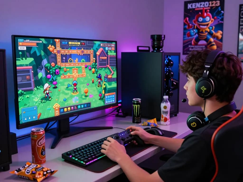KENZO123 gaming scene with player engaged in thrilling platform gameplay, vibrant graphics and modern setup.