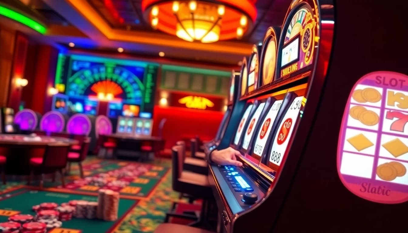 Bermain permainan slot88 yang menarik di kasino modern dengan slot yang berwarna-warni dan chip poker yang kaya.