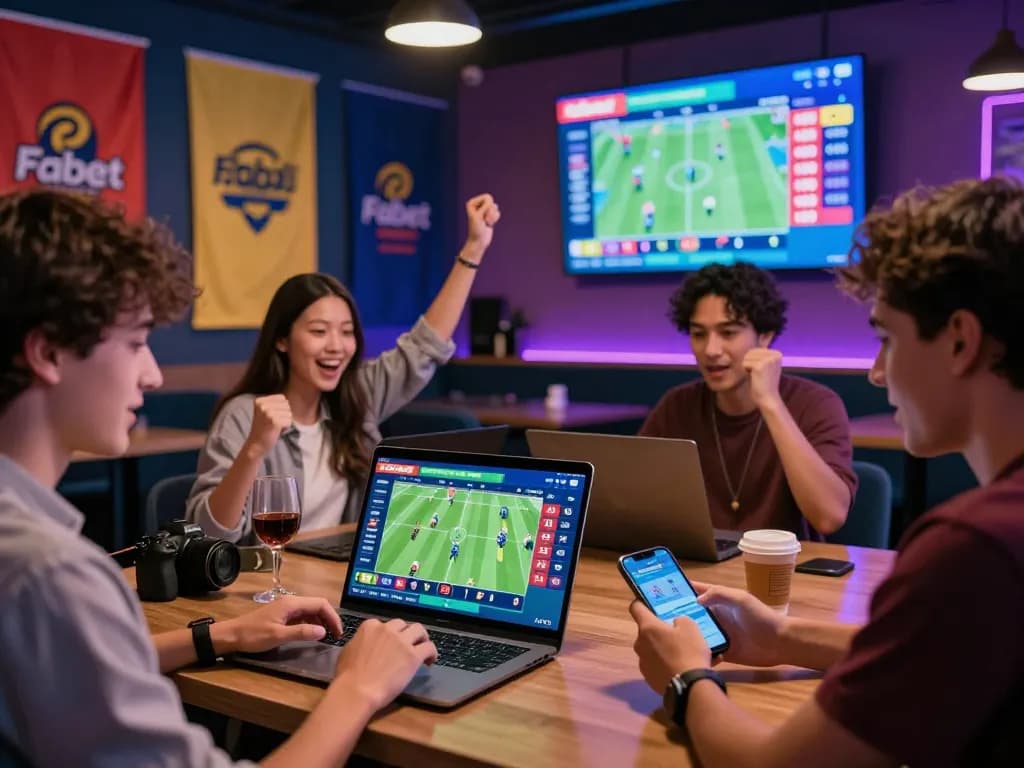 Enthusiastic players engaging with the Fabet platform, celebrating a win in a vibrant gaming lounge.