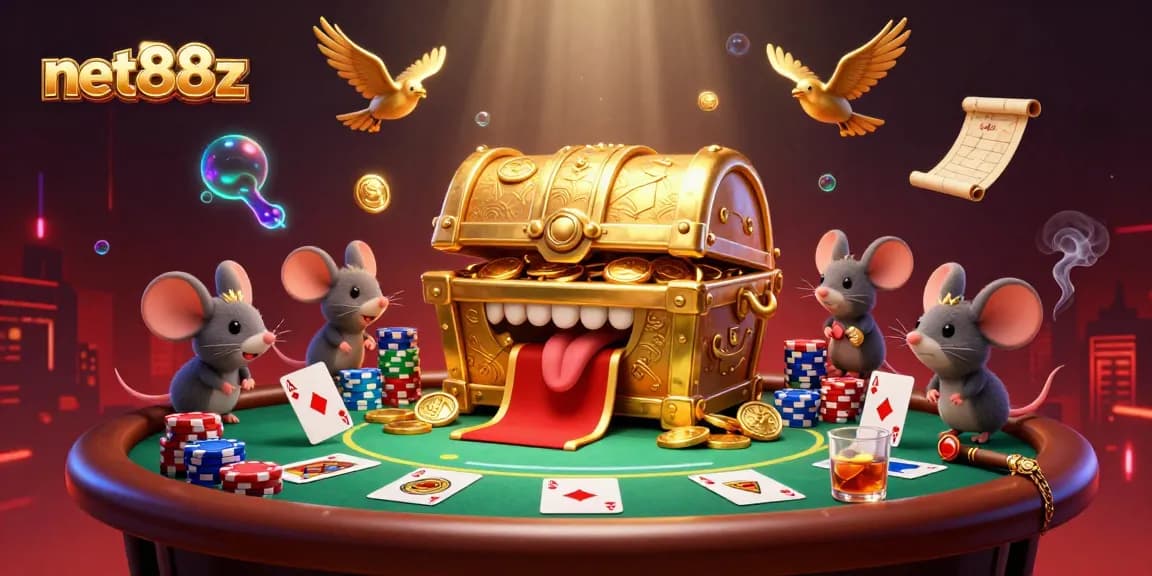 Engage with net88z in a vibrant casino scene featuring poker action and treasure-themed characters.