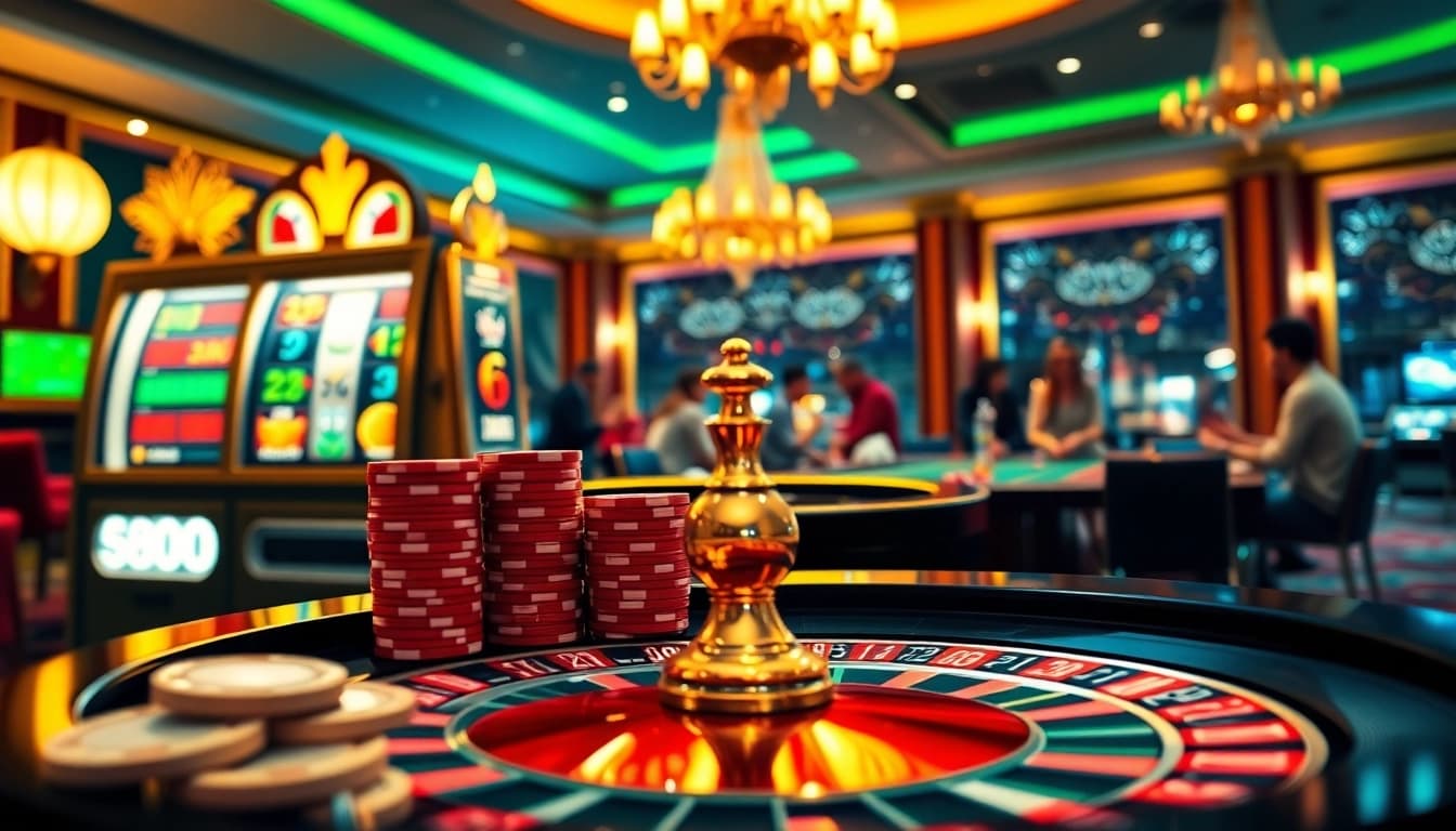 Experience the excitement of online gambling at Wingslots77 with vibrant slot machines and poker chips.