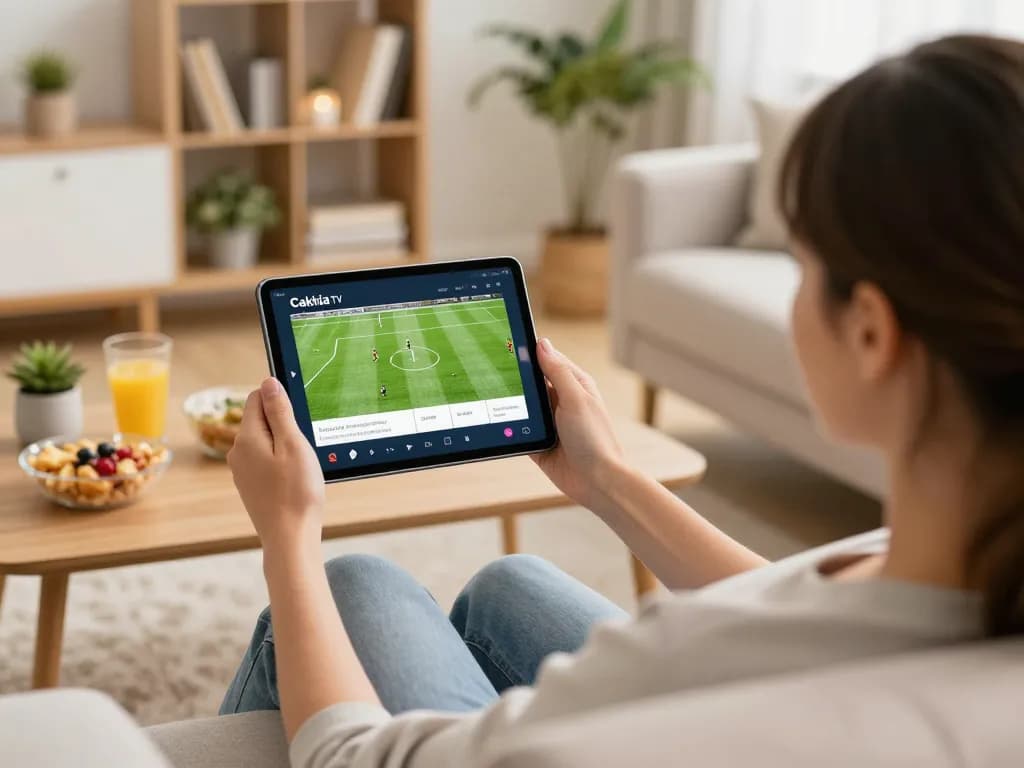 Cakhia TV user enjoying live football streaming on tablet in a cozy home setting.