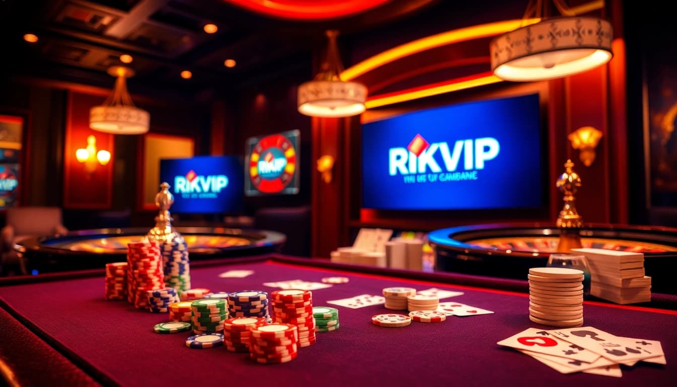 Experience the excitement of Rikvip with poker chips and vibrant casino tables.