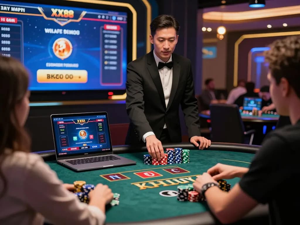 xx88 online casino experience featuring a professional dealer at a virtual table with vibrant game visuals.