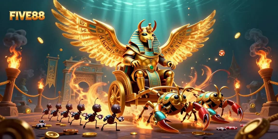 Experience thrilling bets at FIVE88 with our vibrant 3D illustration of a colossal golden scarab in a dazzling casino scene.