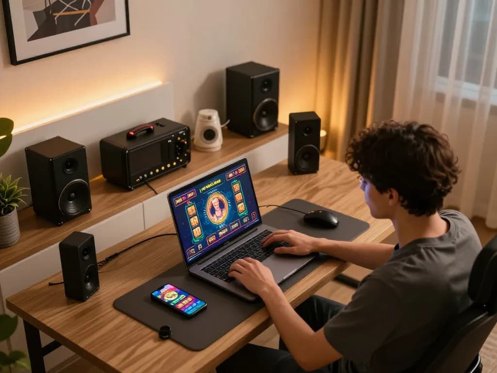 Player engaging in online casino gaming at home with 88vv on laptop and smartphone.