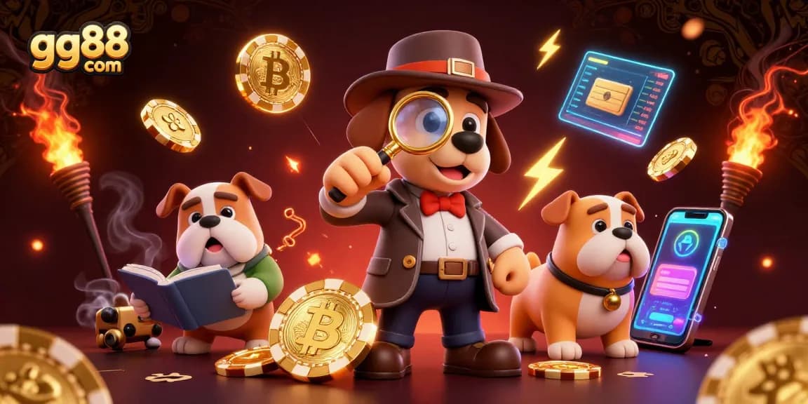 Play and win with exciting games at gg88 com, featuring a detective uncovering poker chip clues in a vibrant casino.