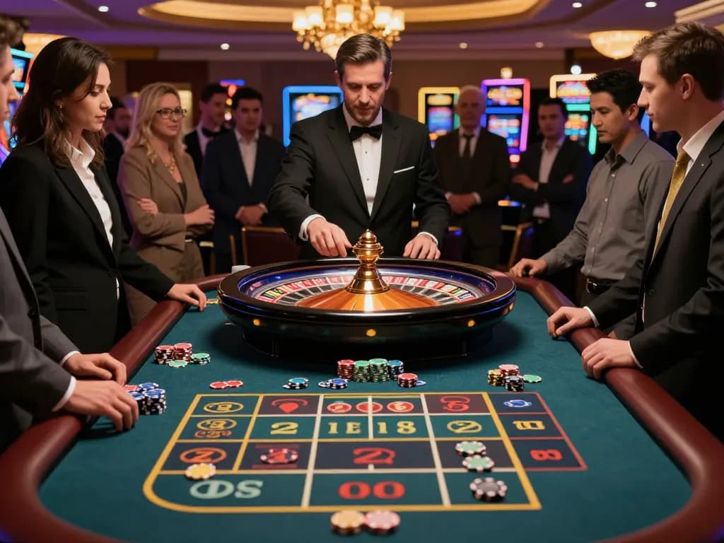 Players engaging in a lively roulette game at bem88 casino, vibrant atmosphere with colorful chips and dealer action.