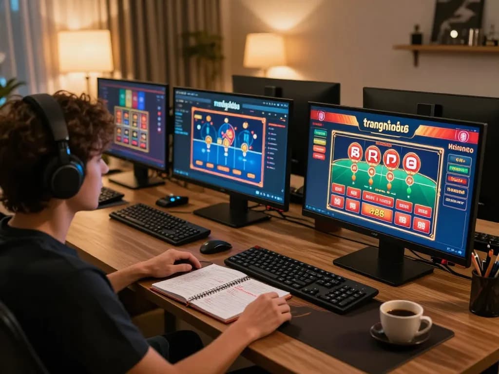 Playing casino games on trang chủ rr88 in a cozy home office setting, showcasing multiple screens.