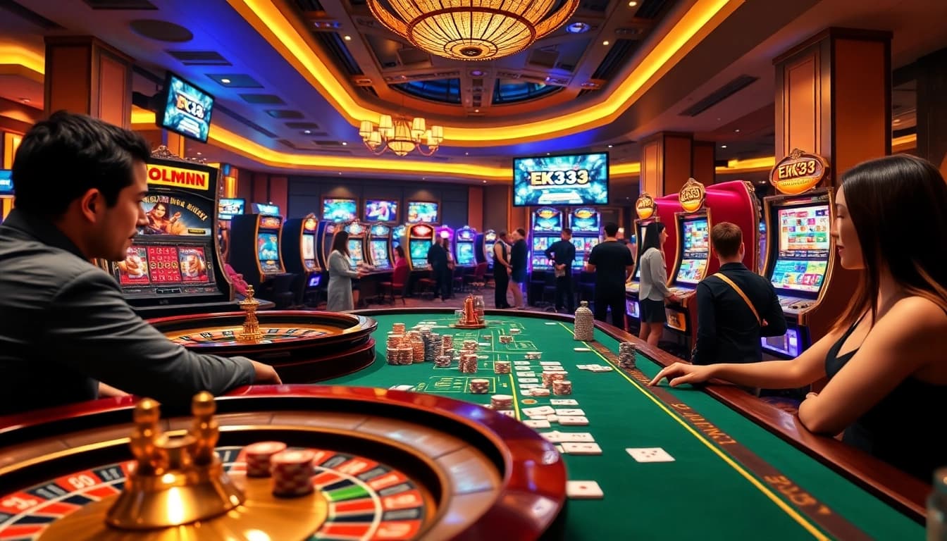 Engage with EK333 at a luxurious casino and gaming scene featuring vibrant gaming tables and slot machines.