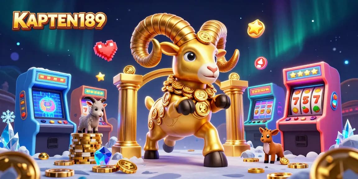 KAPTEN189 memamerkan ram emas raksasa di kasino dengan mesin slot dan simbol buah.