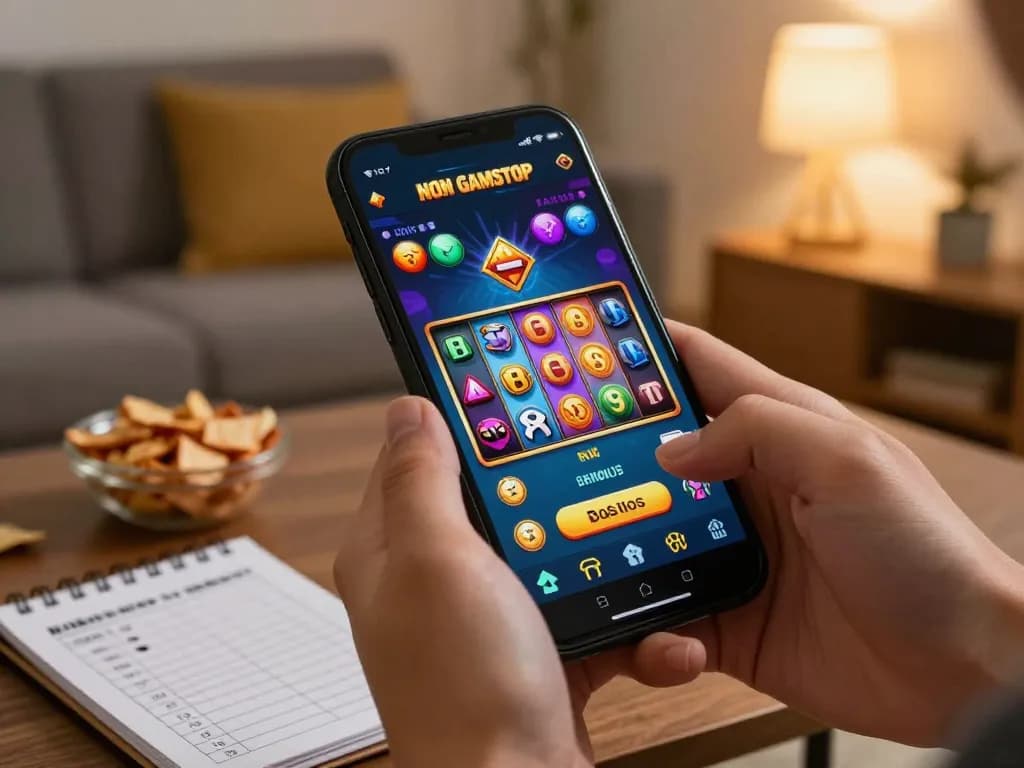 Hands engaged in gaming on a non gamstop casinos app, colorful slot reels visible on smartphone screen, cozy atmosphere.