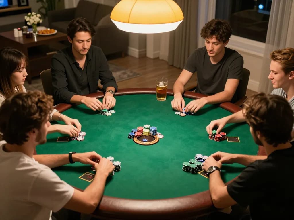 Friends playing poker at home, enjoying strategic gameplay and camaraderie at their LV88 casino game night