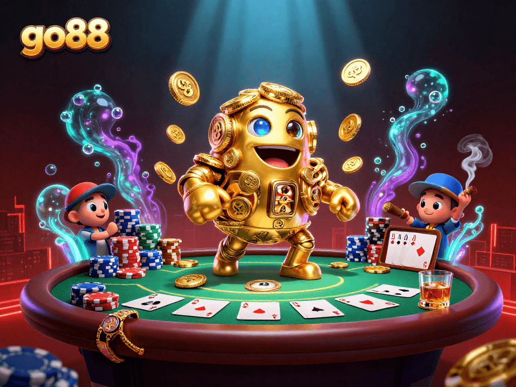 Bet on go88 with a vibrant 3D scene of a golden golem surrounded by poker elements, illustrating epic gambling action.