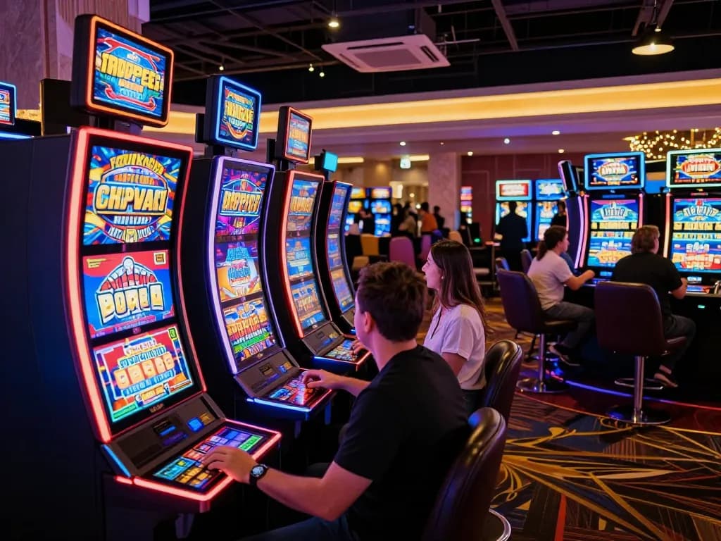 Kerajaanslot players enjoying vibrant slot machines with dynamic games in the casino.