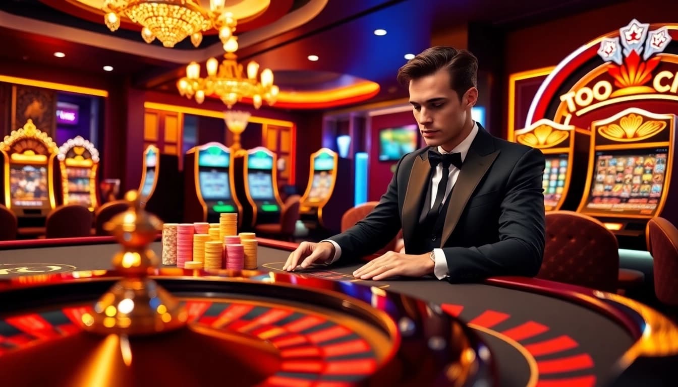 Experience the excitement of tr88 with a luxurious online casino scene featuring a poker table and slot machines.