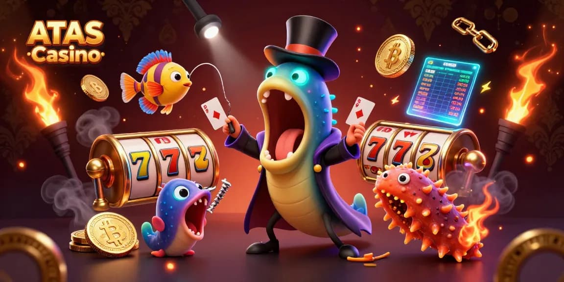 Join the exciting action at ATAS Casino with whimsical underwater characters showcasing thrilling games and crypto elements.