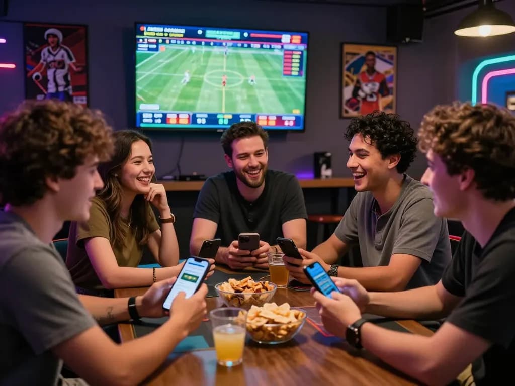 Friends enjoying a lively gambling experience with debet sports betting apps on their smartphones.