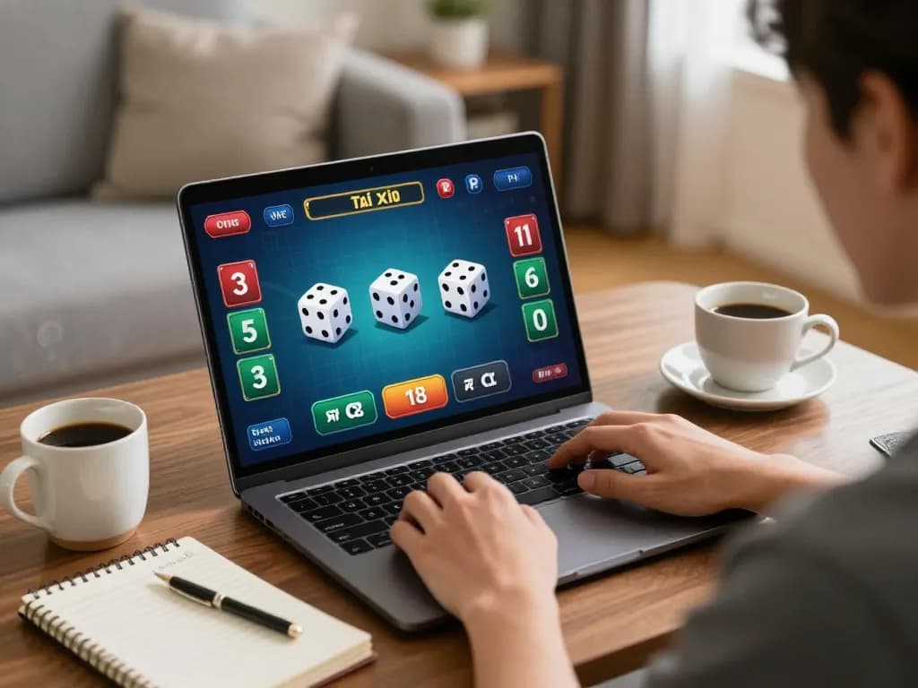 Tài xỉu online gaming on laptop in a cozy home setup, showcasing strategic betting.