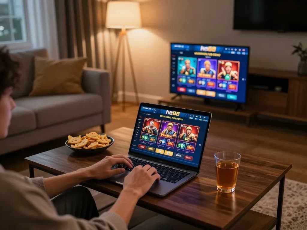 Engaging in online gambling at ho88 on a laptop in a cozy living room.