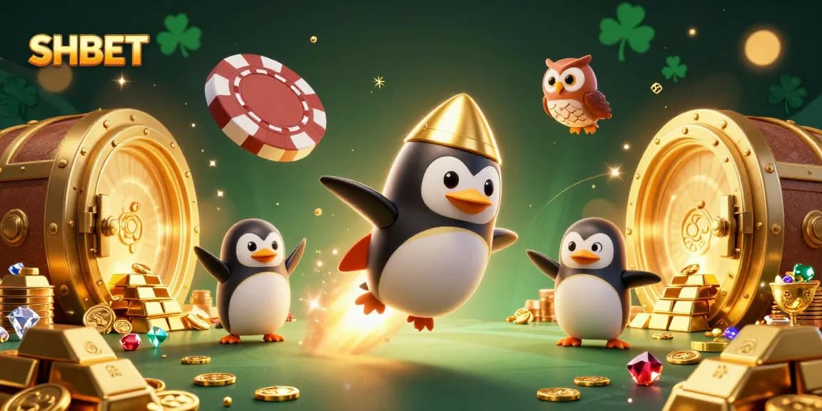 Win big with SHBET in this exciting casino-themed illustration featuring a golden penguin and treasure.