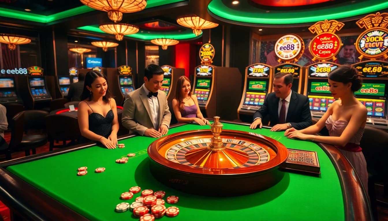 Vibrant gambling scene showcasing the excitement of ee88 with poker chips and casino games.