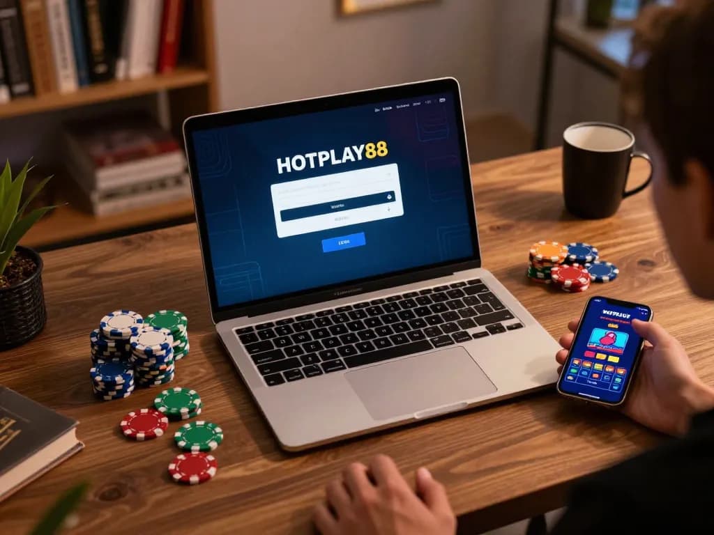 Suasana menarik dari layar login HOTPLAY88 di laptop di tengah chip poker berwarna-warni, menggambarkan kegembiraan permainan online.
