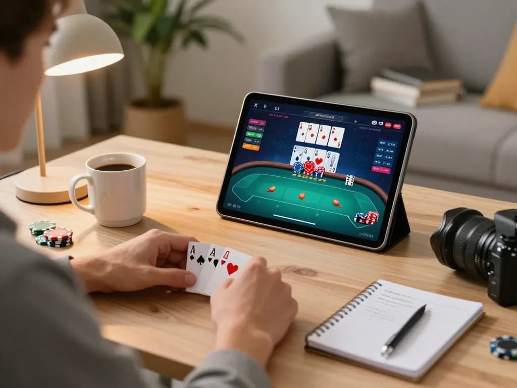 Orang bermain permainan poker POL777 di tablet di ruang tamu yang nyaman dengan catatan taruhan terlihat.