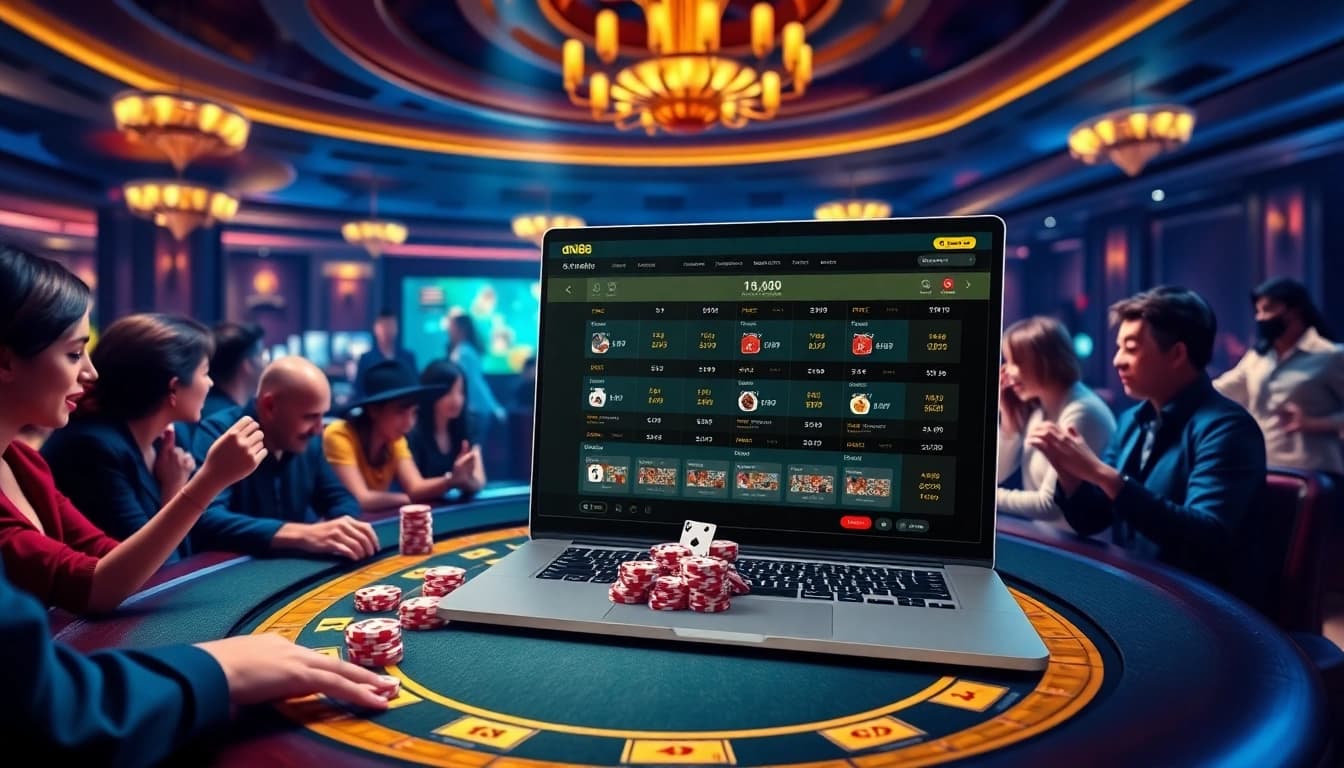 Exciting scene of nhà cái dn88 online gambling with poker chips and vibrant casino elements.