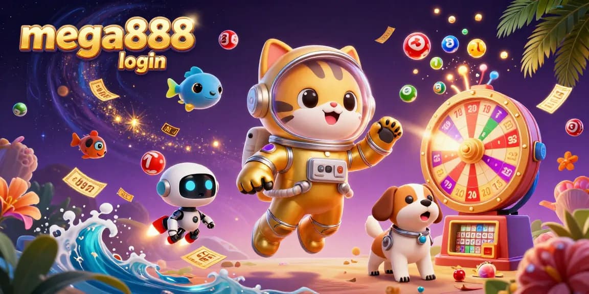 Engage with mega888 login for a thrilling gaming experience, featuring vibrant casino elements amidst a cosmic backdrop.
