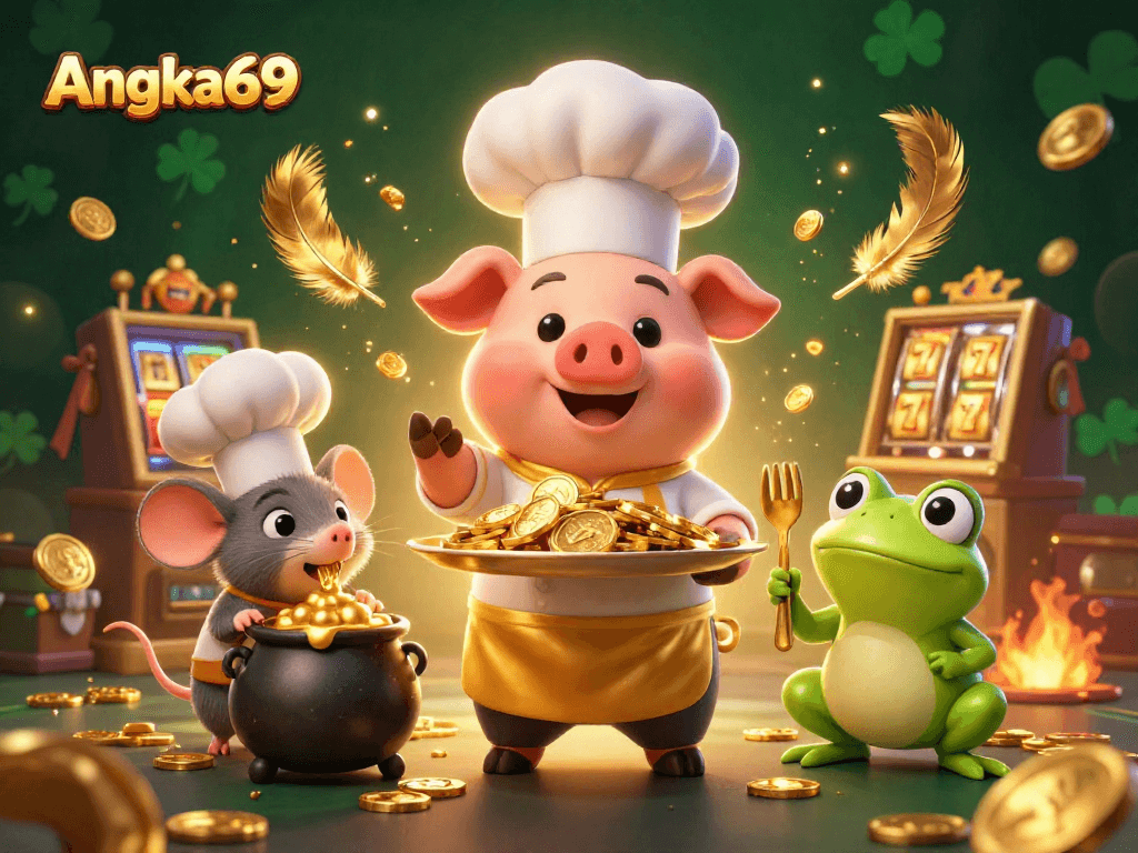 Experience Angka69's thrilling slot action featuring golden coins and dynamic casino characters.