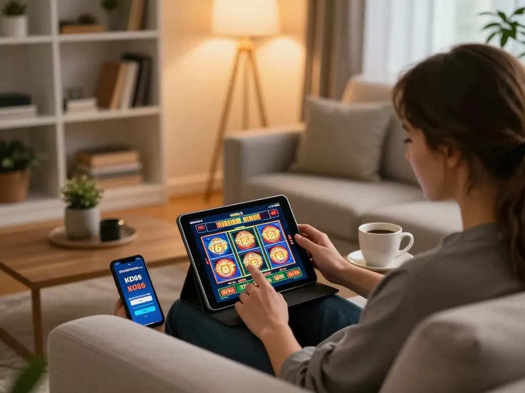 Trải nghiệm chơi slot hấp dẫn trên ứng dụng KO66 trong không gian ấm cúng, nhấn mạnh về giải trí có trách nhiệm.