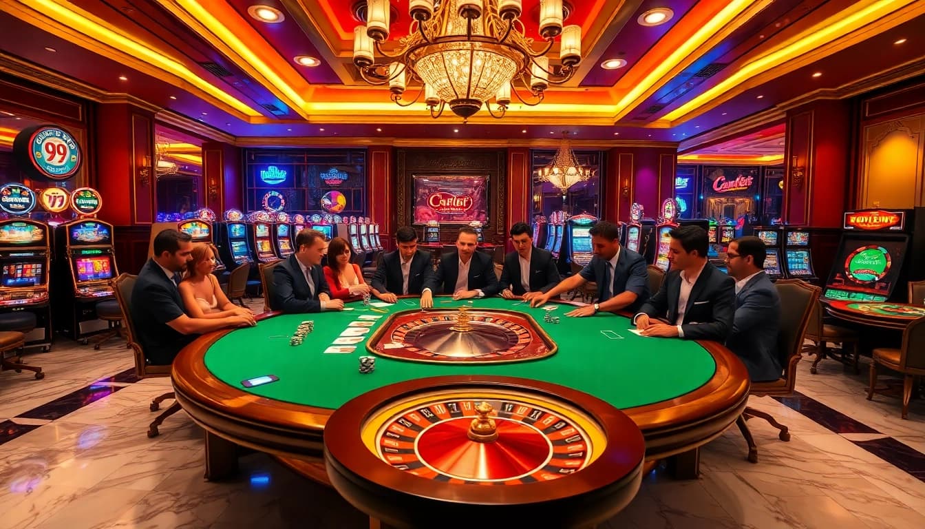 Engaged players in a high-stakes game at a luxurious 99win casino poker table.