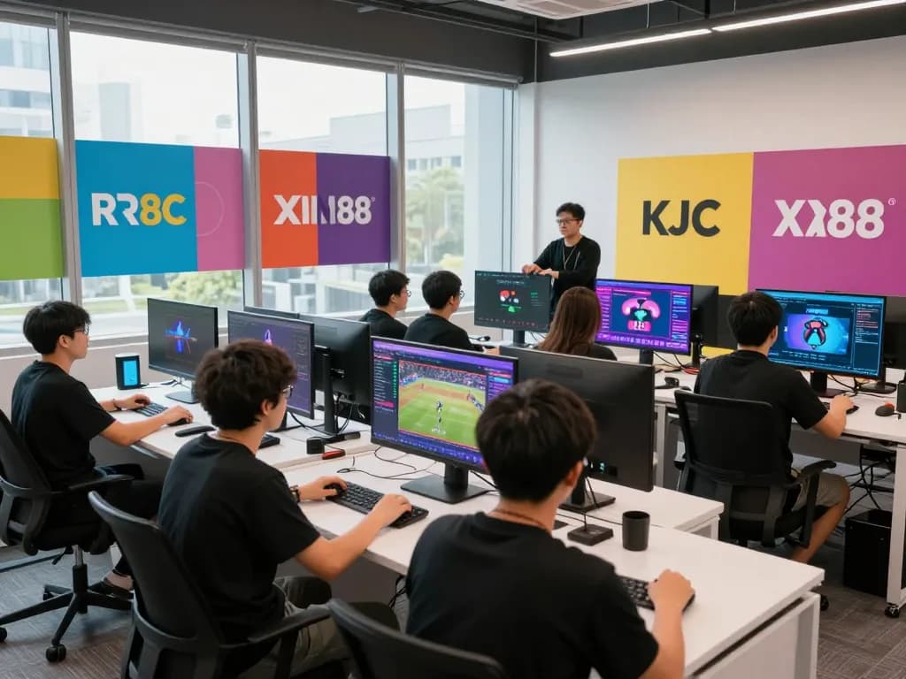KJC onl vibrant office scene with creative professionals collaborating and digital entertainment displays.