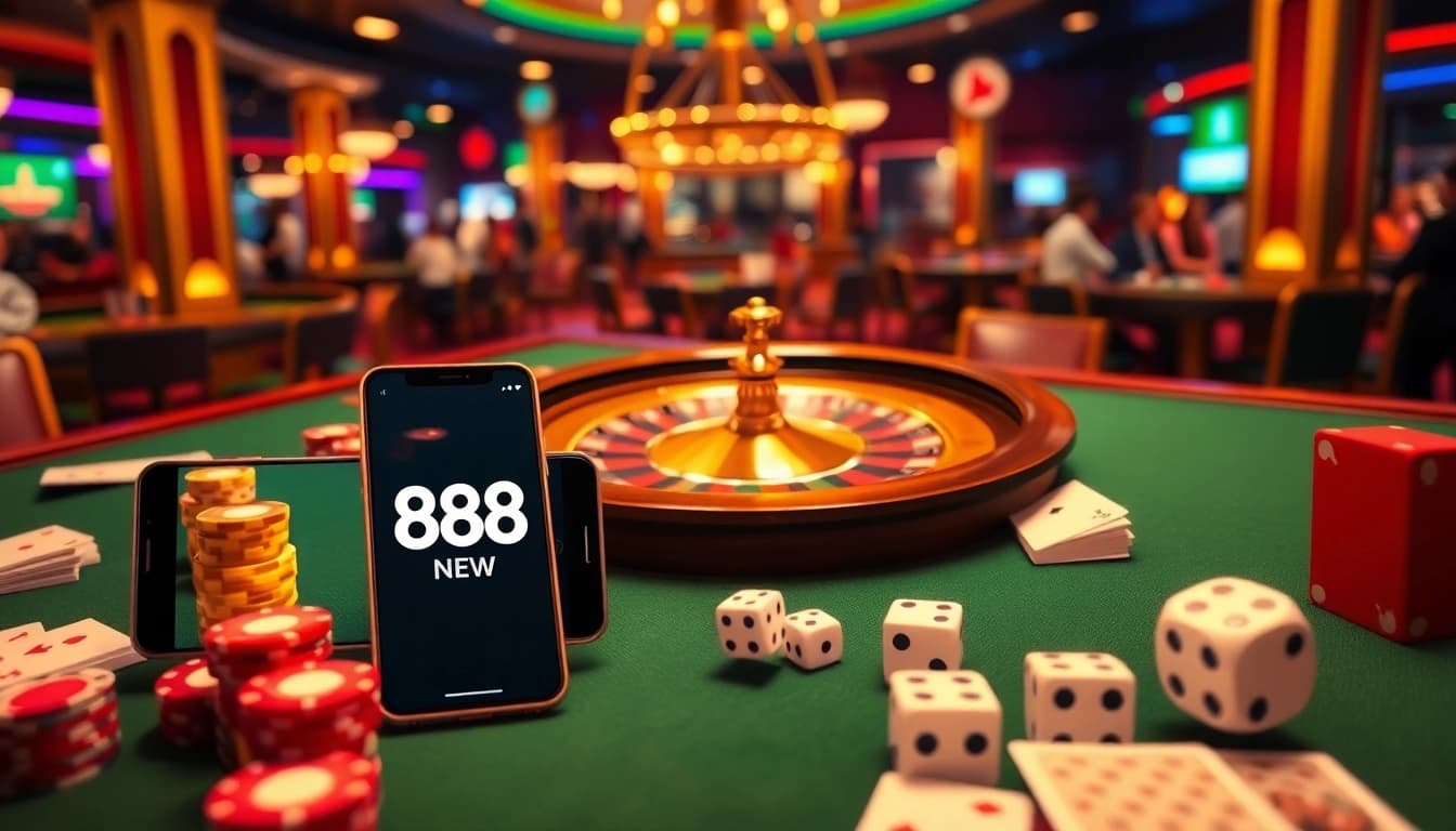 Experience 888NEW casino excitement with vibrant tables and mobile gaming interface.