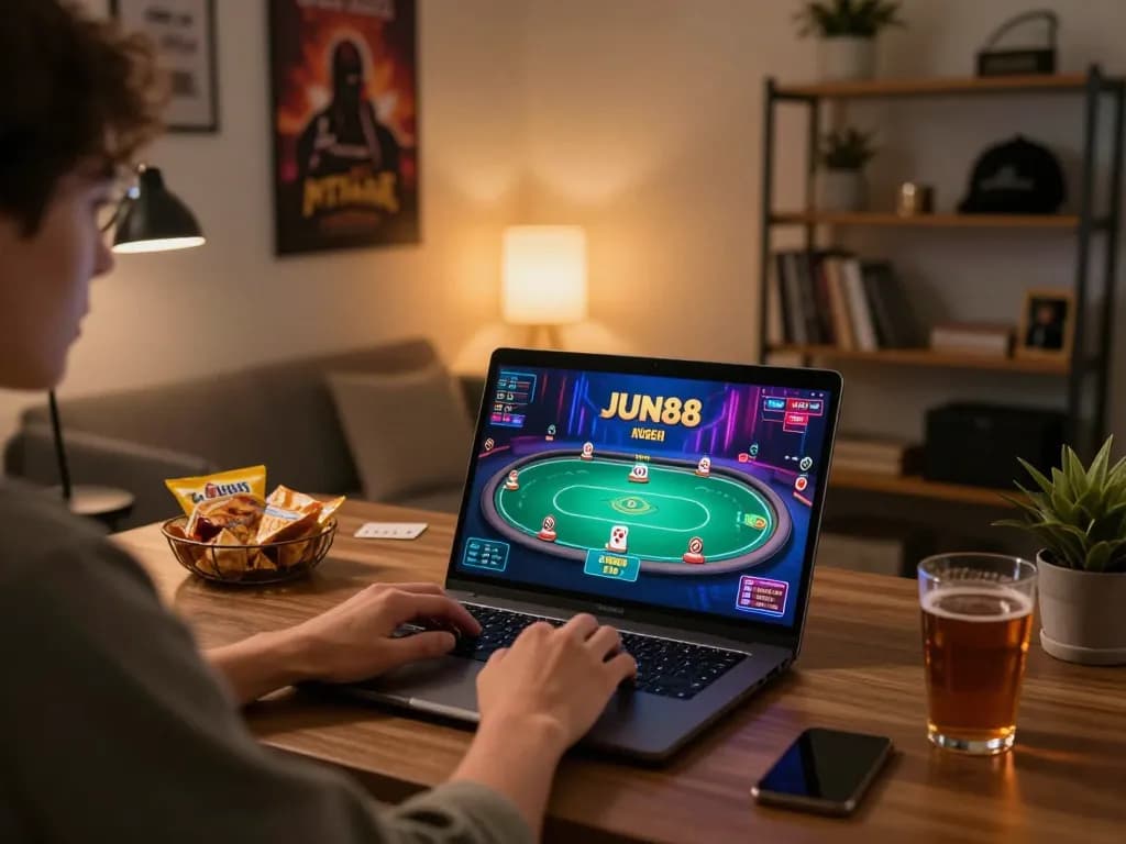 Engaged player enjoying JUN88 online poker on a stylish laptop in a cozy home office.