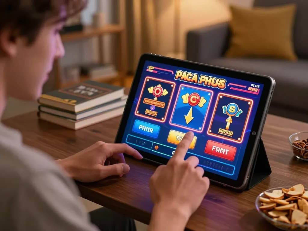 Engaging player enjoying JUN88 slots experience on tablet in cozy home setting