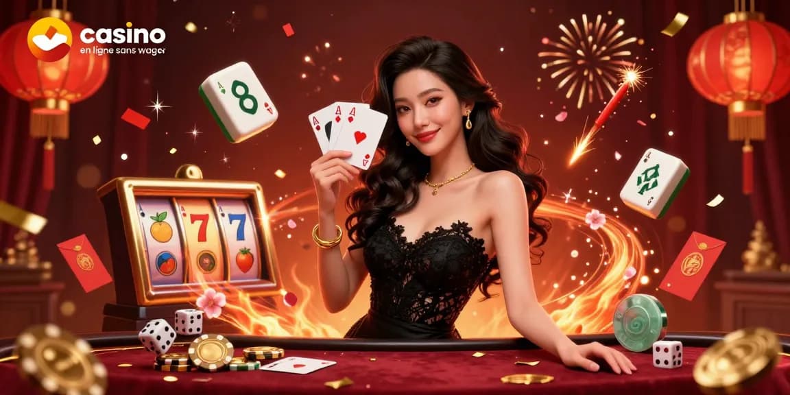 Experience the thrills of casino en ligne sans wager with an elegant woman revealing playing cards amidst a vibrant casino atmosphere.