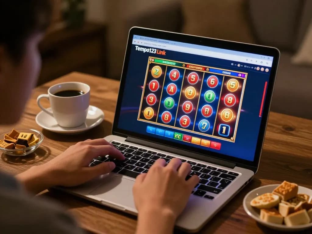 Permainan yang menarik di Tempo123 Link menunjukkan mesin slot yang berwarna-warni dan antarmuka yang ramah pengguna di pengaturan rumah yang nyaman.