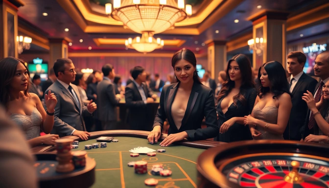 Engaging players enjoying Live Casino experience with a professional dealer in a luxury setting.