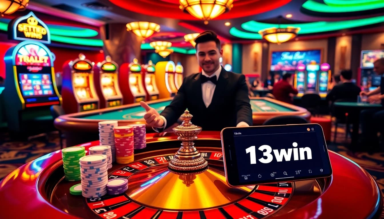 Engaging players at a lively 13win casino table with vibrant roulette and poker action.