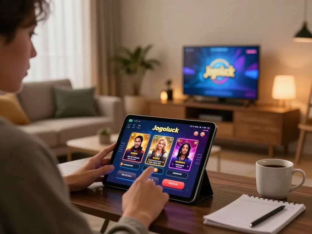 Player engaging with the Jogoluck app on a tablet, enjoying a seamless online gaming experience in a cozy environment.